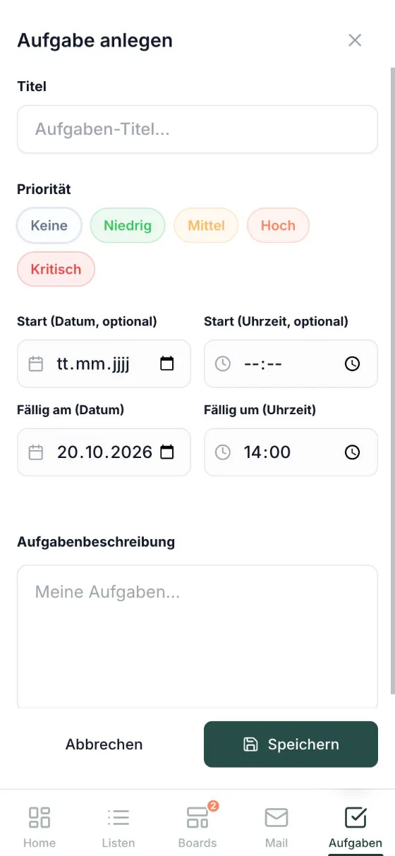 teamora am Smartphone – Aufgabe anlegen mit Prioritäten