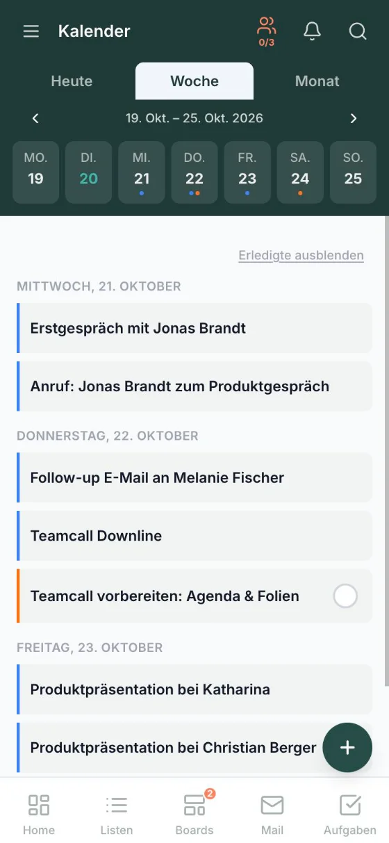 teamora am Smartphone – Kalender in der Wochenansicht