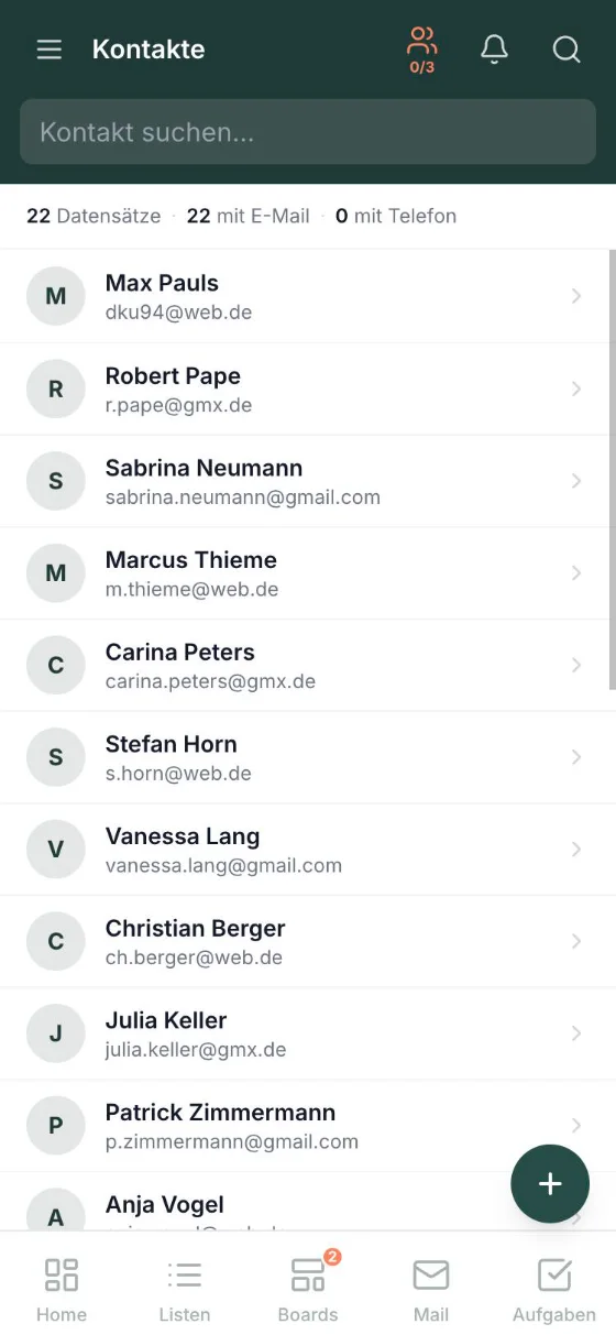 teamora am Smartphone – Kontaktliste